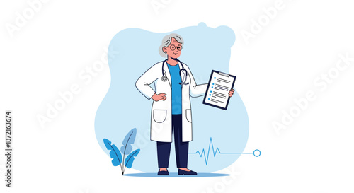 Professional senior female doctor wearing lab coat and stethoscope holding medical clipboard while standing on light blue background.