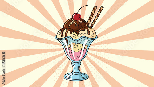 Delicious ice cream sundae with chocolate sauce, a cherry on top, and wafer rolls against an orange starburst background.