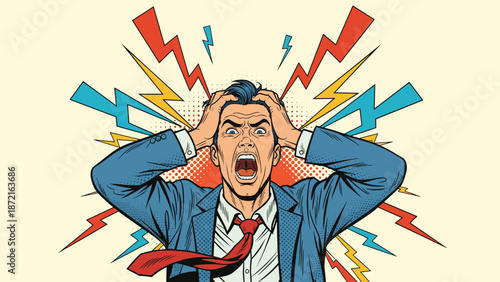 Intense pop art illustration of a man in a suit screaming in frustration and holding his head during a mental breakdown.