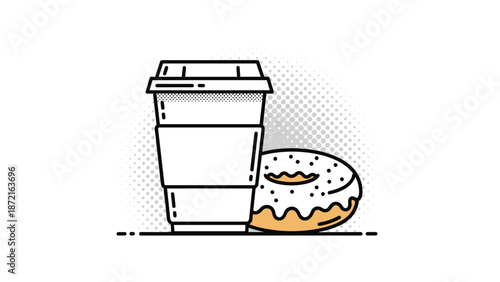 Clean black and white line art illustration of a takeaway coffee cup next to a sprinkled donut with halftone shading.