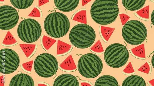 Seamless pattern with whole watermelons and juicy red slices on a warm beige background for vibrant summer themes.