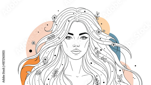 Beautiful woman with long flowing wavy hair decorated with flowers in line art style with colorful abstract shapes.