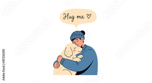 Heartwarming illustration of a young man embracing his golden retriever dog with hug me message in speech bubble.