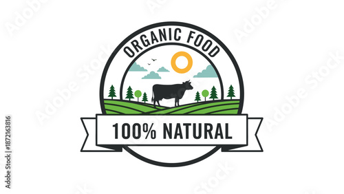 Circular organic food logo design with cow silhouette in a green field with sun trees and clouds for natural products.
