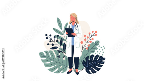 Professional female doctor in white coat with clipboard standing among large tropical leaves in a clean flat style.