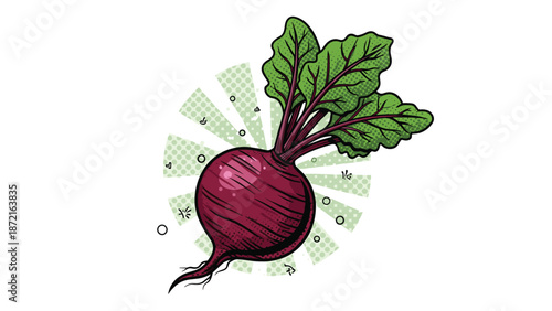 Red beetroot with green leaves in pop art style with rays and halftone dots background for organic vegetable themes.