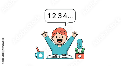 Enthusiastic young boy sitting at school desk with open book and pencil while counting numbers in a speech bubble.