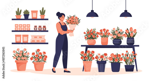 Professional female florist in apron arranging beautiful flower bouquet inside floral shop with many potted plants on shelves.