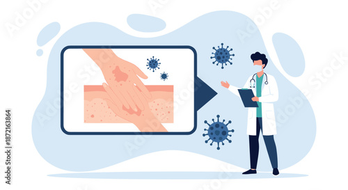 Medical professional in mask explaining skin conditions and viral infections using digital screen illustration for dermatology.