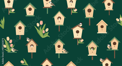 Seamless pattern featuring wooden birdhouses with small birds and pink tulips on a dark green background.