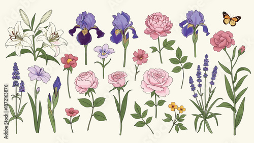 Large set of various botanical flowers including roses lilies irises lavender and peonies for creative garden lovers.