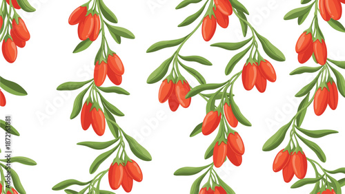 Seamless pattern with hanging goji berry branches featuring red berries and green leaves over white background.