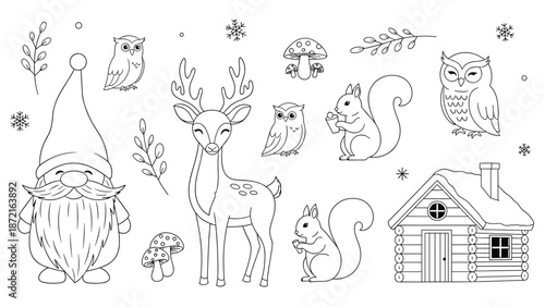 Woodland animals coloring page for kids with deer squirrels owls gnome and log cabin in a snowy winter forest.