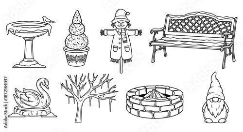 Whimsical garden and winter scene