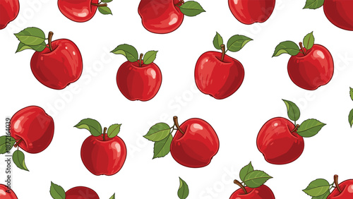Seamless pattern with ripe red apples and green leaves on white background for fruit and food design.