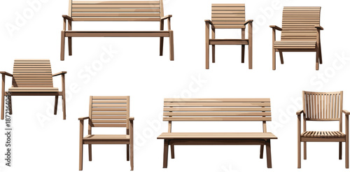 Wooden outdoor seating furniture, garden chairs, patio benches, slatted design, light wood, modern style, durable, decorative, minimalist, collection