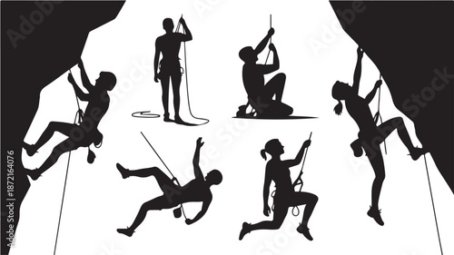 Rock Climbers Silhouettes Rappelling Down Cliff