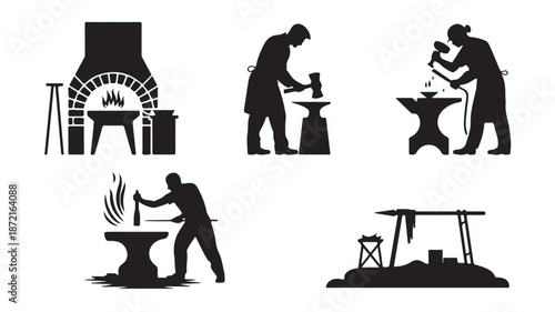 Blacksmith Working at Anvil in Workshop