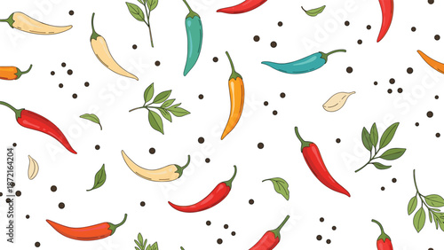 Seamless pattern with colorful chili peppers peppercorns and green leaves on white background for food design.