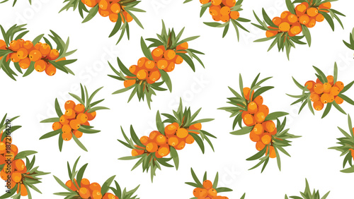 Seamless pattern with ripe orange sea buckthorn berries on branches with green leaves on white background.
