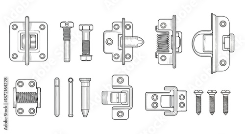 Collection of various metal fasteners and hinges