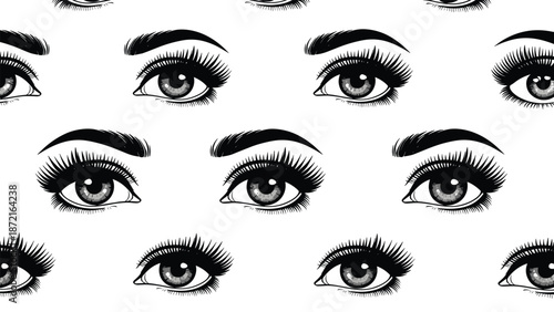 Seamless pattern with beautiful female eyes and eyebrows in black and white hand drawn engraving style.