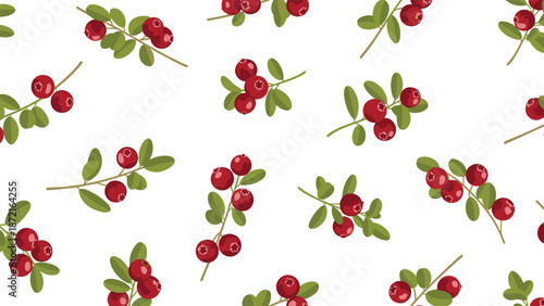 Seamless pattern with ripe red cranberries and green leaves scattered on a white background for textile or wallpaper design.