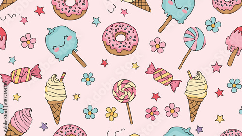 Adorable seamless pattern of cute kawaii sweets including donuts, ice cream, lollipops, and stars on a soft pink background.