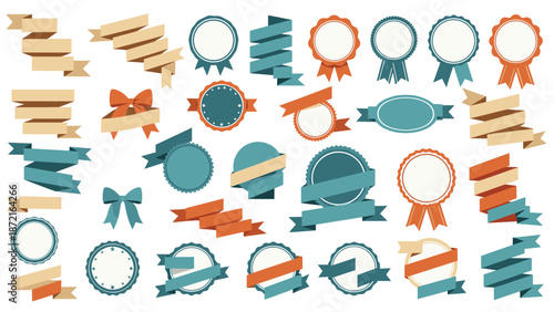 Large set of retro style ribbons, banners, and empty badges in teal and orange colors for labels or award certificates.