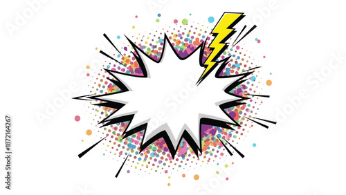 Dramatic comic book style white speech bubble with a yellow lightning bolt over a colorful halftone background with dots.