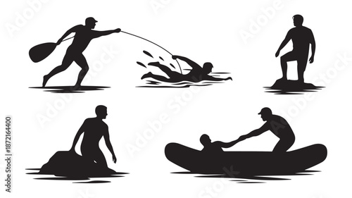 Black Silhouettes of People Swimming, Surfing, and Paddleboarding on Water
