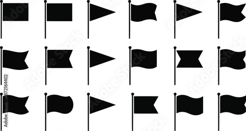 Eighteen black flag symbols on poles showcasing different forms arranged on white surface