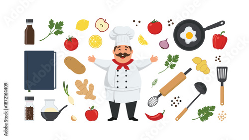 Illustration of a happy male chef with his arms open surrounded by various food ingredients and kitchen tools on white.