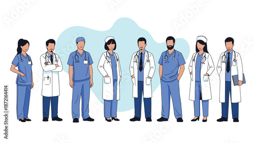 Diverse group of male and female medical professionals including doctors and nurses in various uniforms against blue.