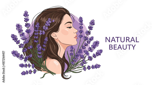 Artistic profile portrait of a beautiful woman surrounded by purple lavender flowers with the text natural beauty.