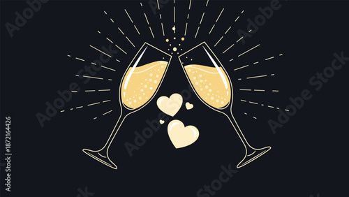 Festive illustration of two clinking champagne glasses with bubbles and golden hearts on a dark black background.