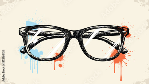 Stylish illustration of black framed eyeglasses with colorful ink splashes on a vintage textured background.