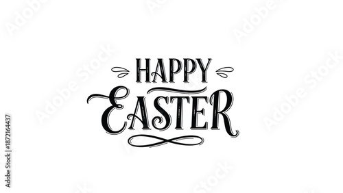 Elegant black calligraphy text reading Happy Easter with decorative flourishes on a plain white background for cards.