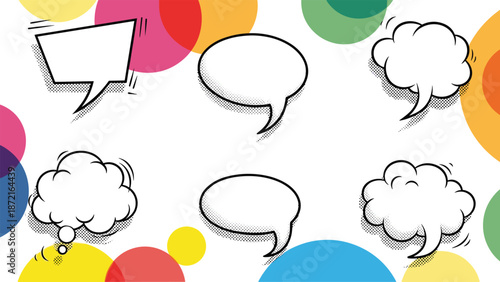 Set of hand drawn comic book style speech bubbles scattered over a background of colorful overlapping circles.