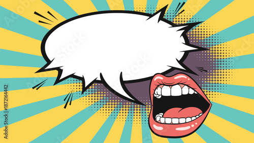Pop art style illustration of open mouth with red lips and teeth screaming near blank speech bubble on sunburst background.