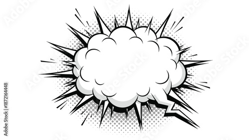 Comic book style white blank speech bubble with explosion shape and lightning bolts on halftone dotted background.