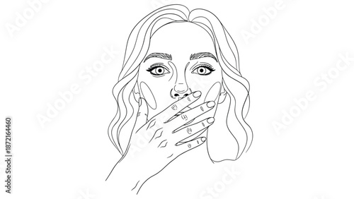 Minimalist black and white line art illustration of a woman covering her mouth with her hand in surprise or shock.