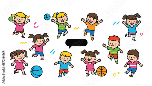 Cute cartoon illustration of diverse group of children jumping and playing with colorful balls on white background.