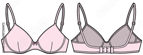 womens t shirt bra flat sketch vector illustration front and back view technical cad drawing template
