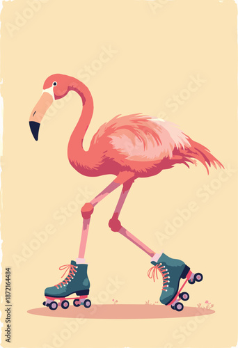A Flamingo wearing roller skates and stumbling. 'Clumsy' humor. Flat vector illustration