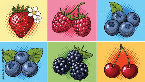 Colorful pop art style illustration set of strawberries raspberries blueberries blackberries and cherries on bright backgrounds.