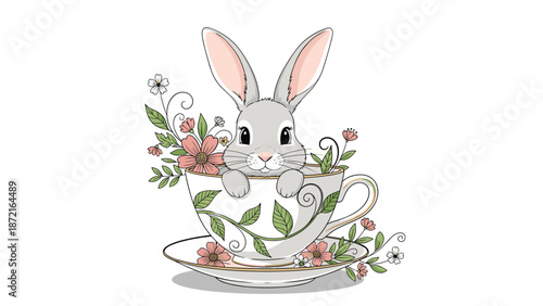 Adorable gray bunny sitting inside a decorative porcelain teacup surrounded by pink flowers and green leaves.