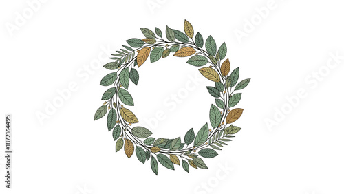 Circular wreath made of hand drawn green and brown autumn leaves on white background for decorative framing design.