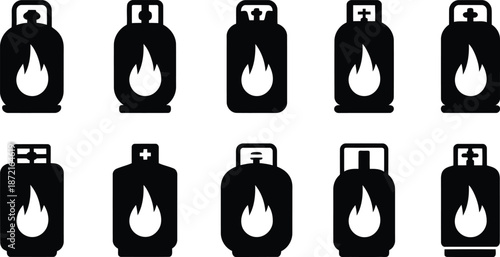 Multiple black silhouette icons of gas cylinders featuring a prominent white flame symbol on a plain background