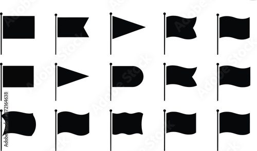 Selection of various black flag shapes with poles presented against a bright white backdrop